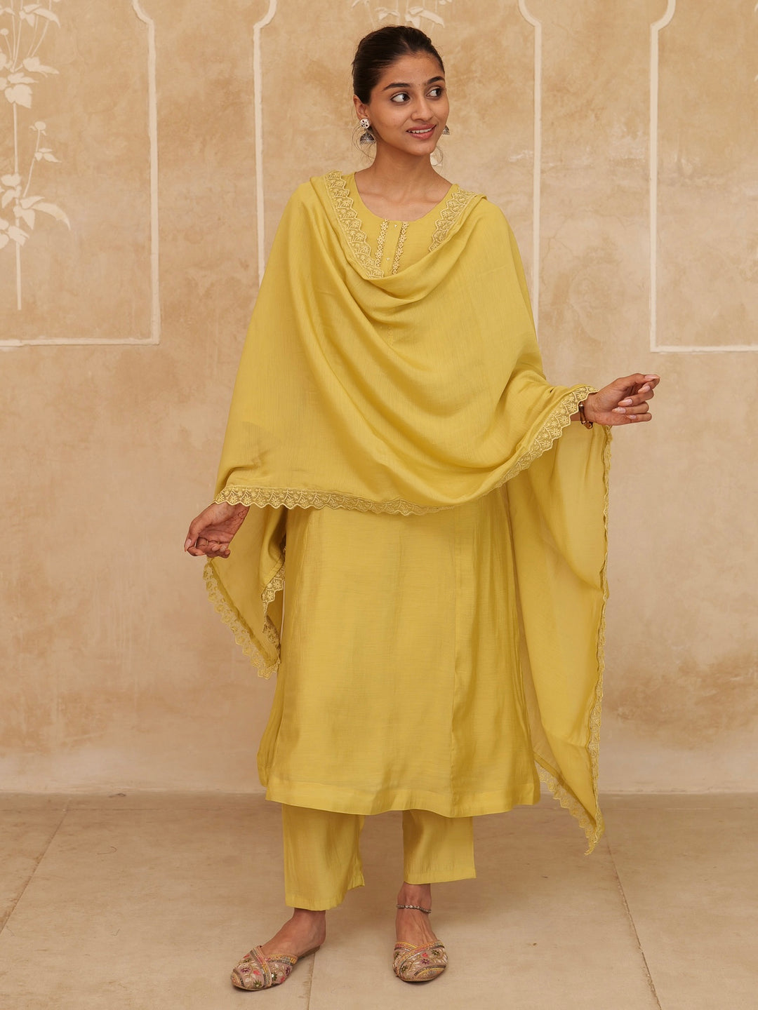 Mustard Solid A-Line Design Lining Kurta Trouser Dupatta Set-Yufta Store-7465SKDMSM