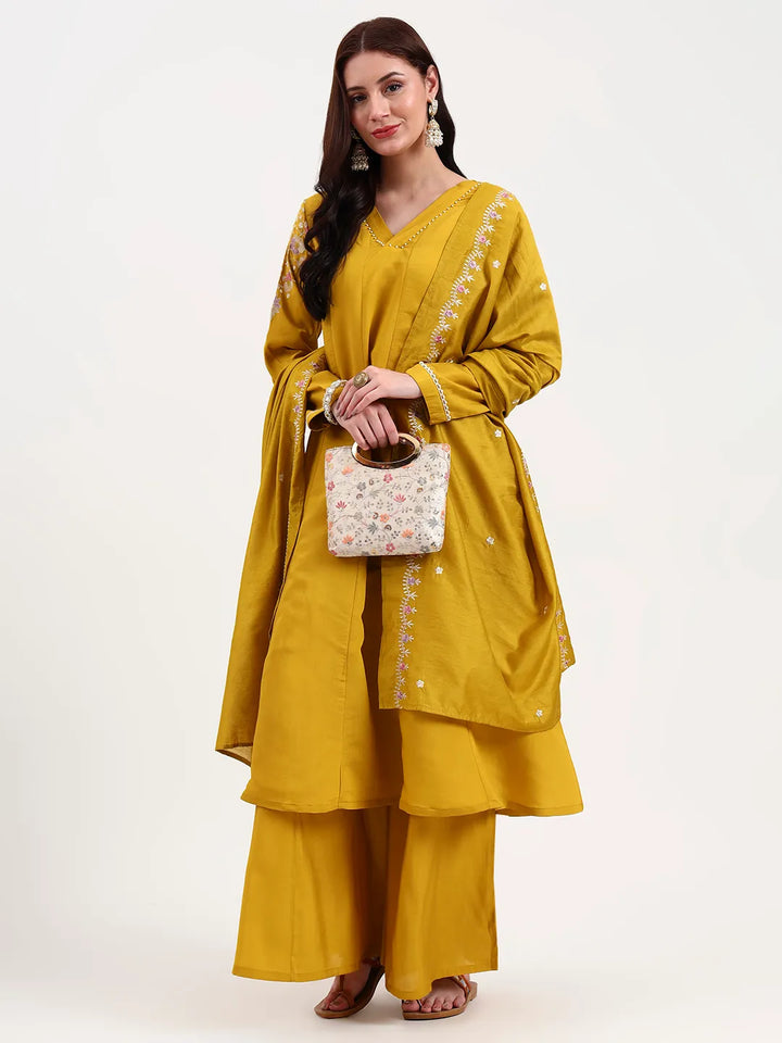 Mustard Solid Roman Silk Anarkali Kurta Palazzo Dupatta Set