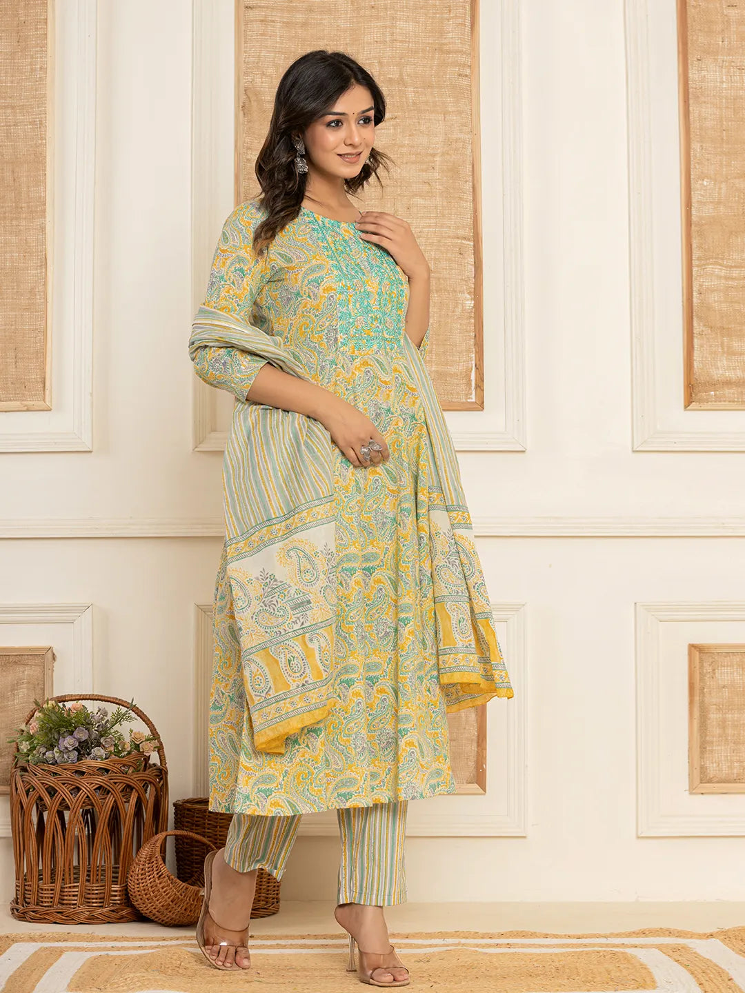 Mustard Thread_Work Cotton Anarkali Kurta And Trousers With Dupatta Set-Yufta Store-6847SKDMSS