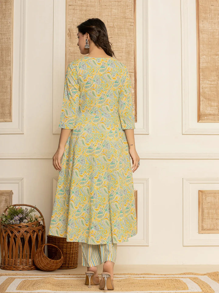 Mustard Thread_Work Cotton Anarkali Kurta And Trousers With Dupatta Set-Yufta Store-6847SKDMSS