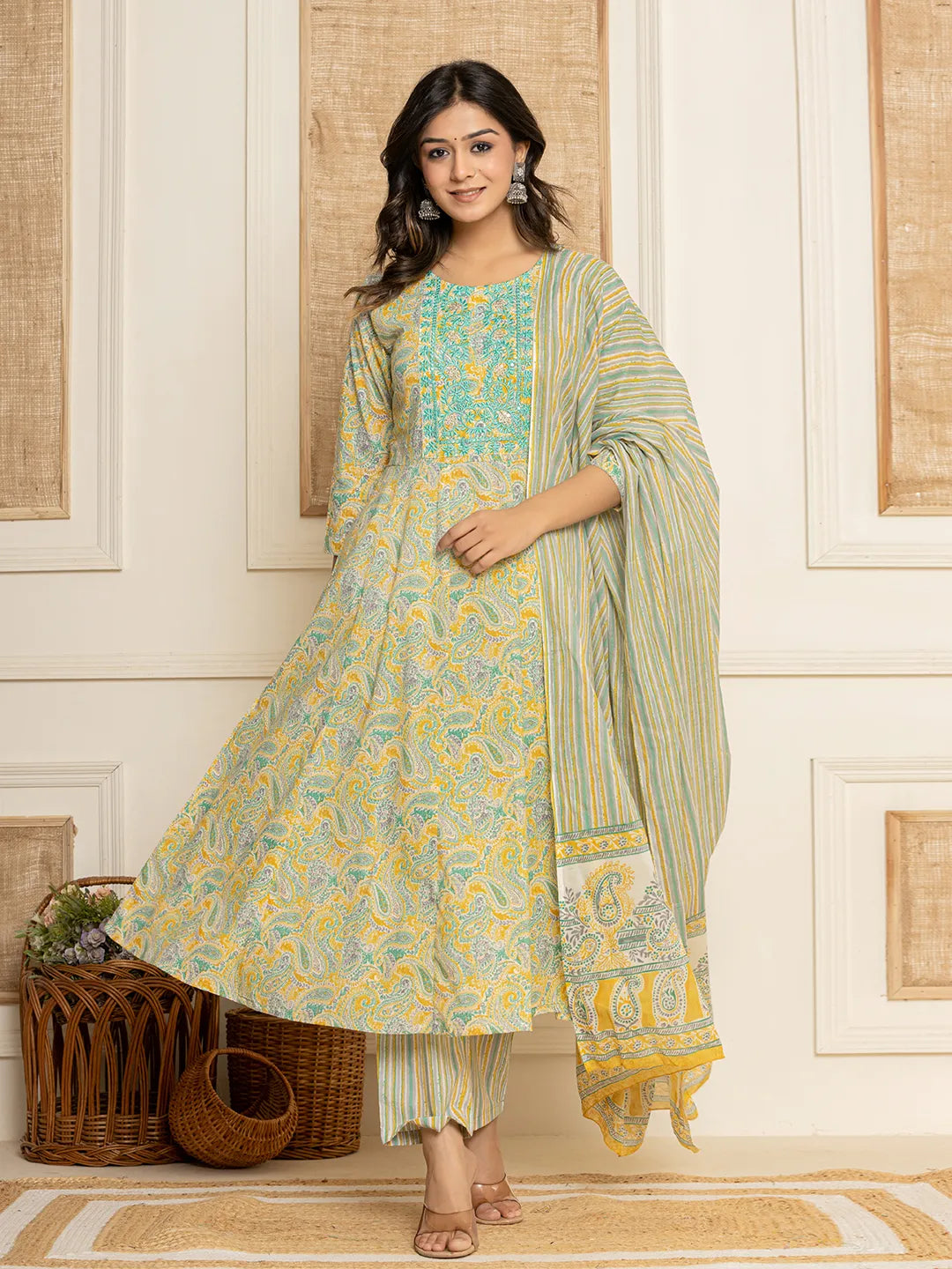 Mustard Thread_Work Cotton Anarkali Kurta And Trousers With Dupatta Set-Yufta Store-6847SKDMSS