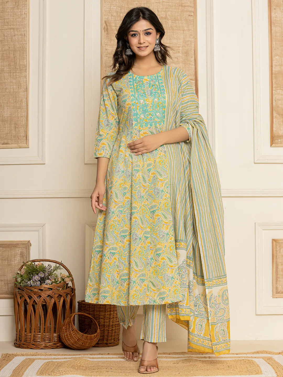 Mustard Thread_Work Cotton Anarkali Kurta And Trousers With Dupatta Set-Yufta Store-6847SKDMSS