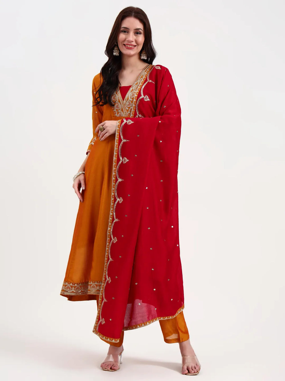 Mustard Vichitra Kalidaar Kurta Set With Pant And Dupatta-Yufta Store-6787SKDMSM