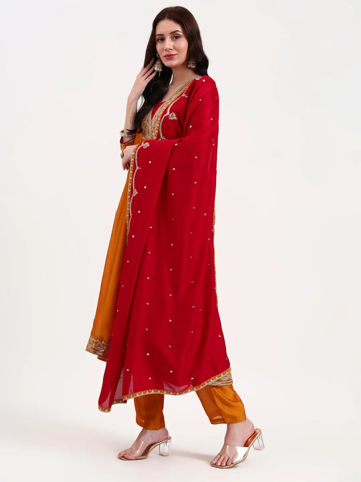 Mustard Vichitra Kalidaar Kurta Set With Pant And Dupatta-Yufta Store-6787SKDMSM