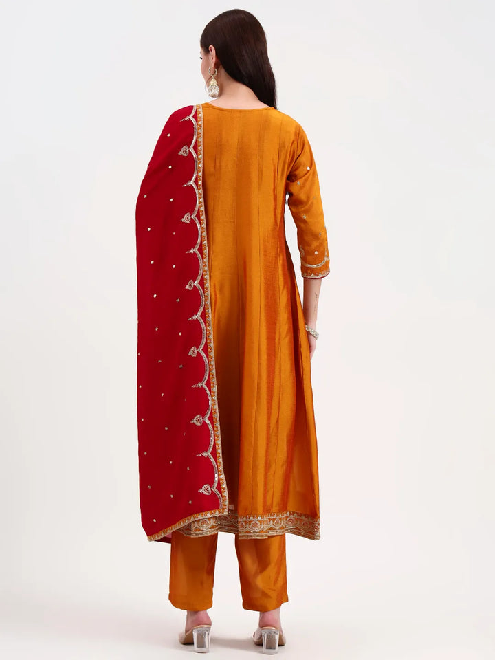 Mustard Vichitra Kalidaar Kurta Set With Pant And Dupatta-Yufta Store-6787SKDMSM