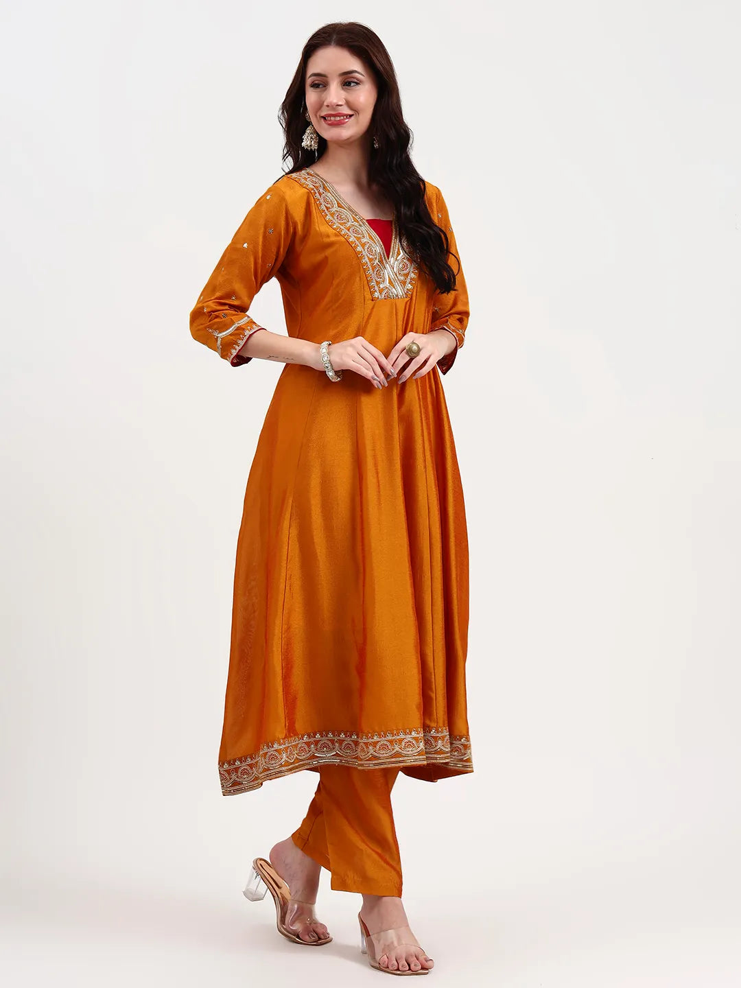 Mustard Vichitra Kalidaar Kurta Set With Pant And Dupatta-Yufta Store-6787SKDMSM
