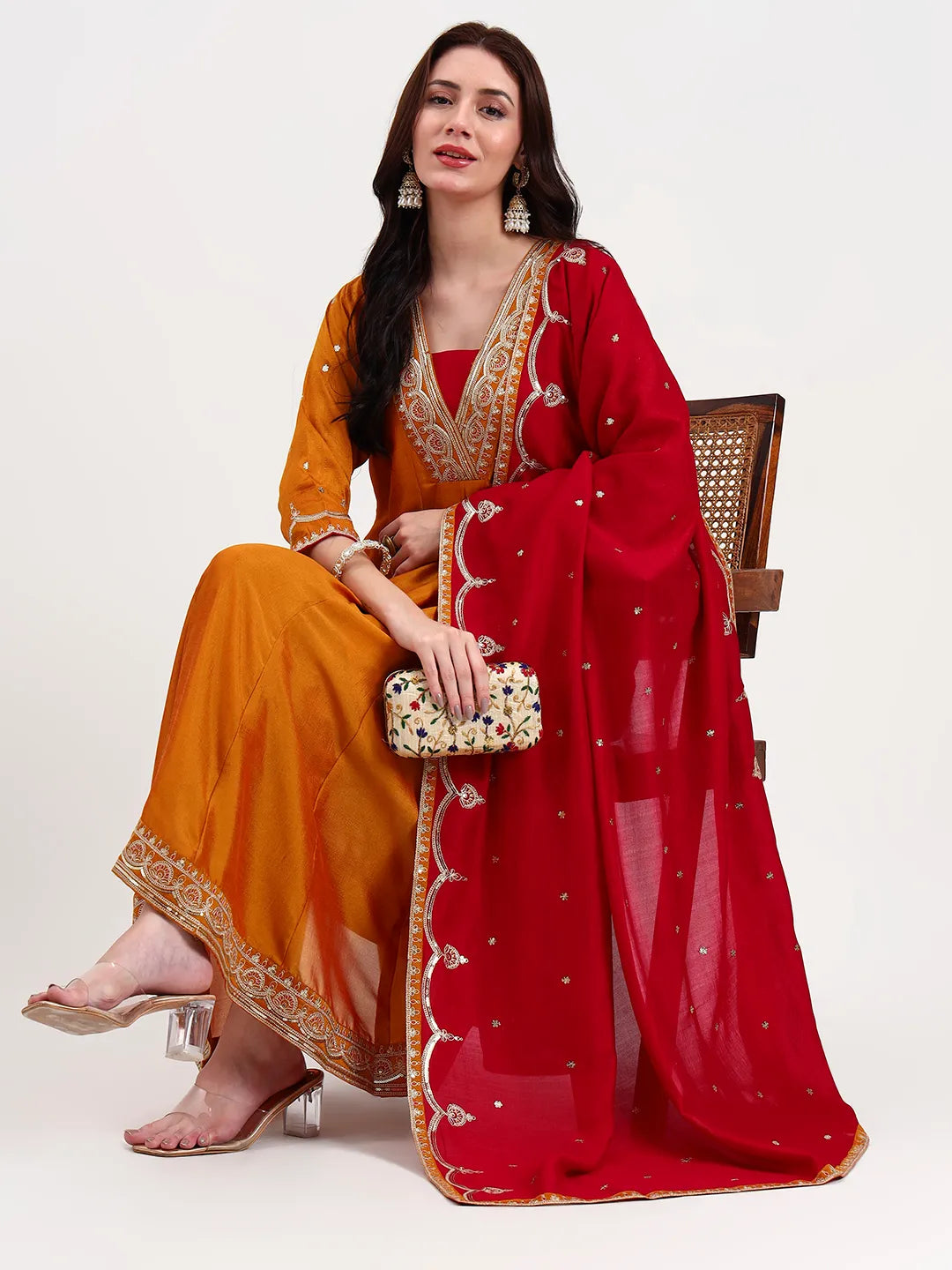 Mustard Vichitra Kalidaar Kurta Set With Pant And Dupatta-Yufta Store-6787SKDMSM