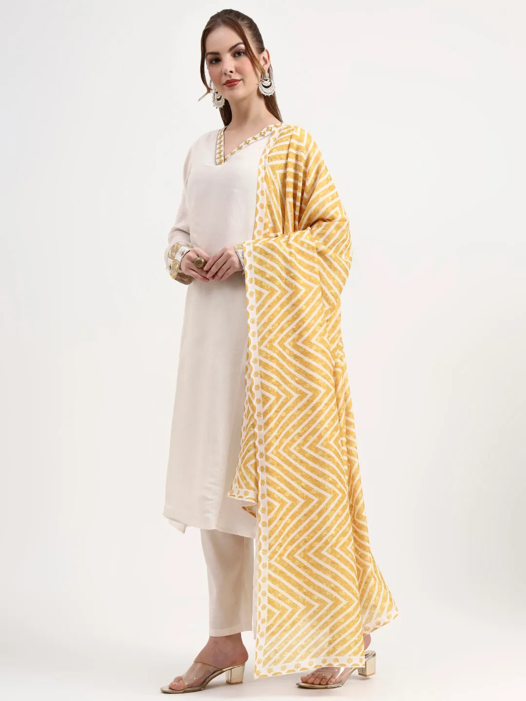 Mustard Yellow And Off White Mul Chanderi Silk Anarkali Kurta Trouser Dupatta Set