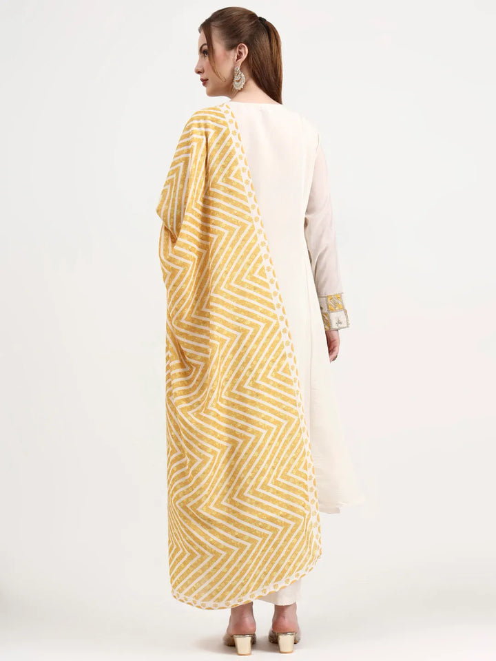 Mustard Yellow And Off White Mul Chanderi Silk Anarkali Kurta Trouser Dupatta Set