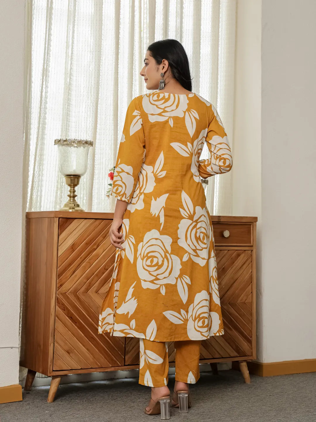 Mustard Yellow Floral A-Line Kurta Trouser Dupatta Set-Yufta Store-6048SKDMSM