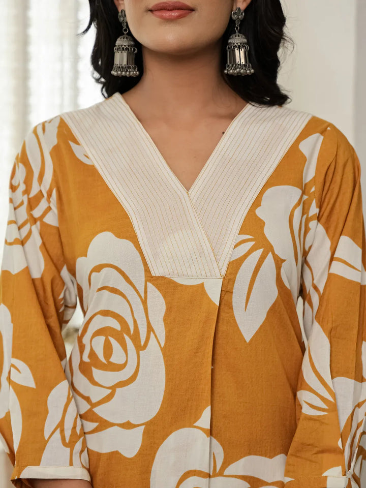 Mustard Yellow Floral A-Line Kurta Trouser Dupatta Set-Yufta Store-6048SKDMSM