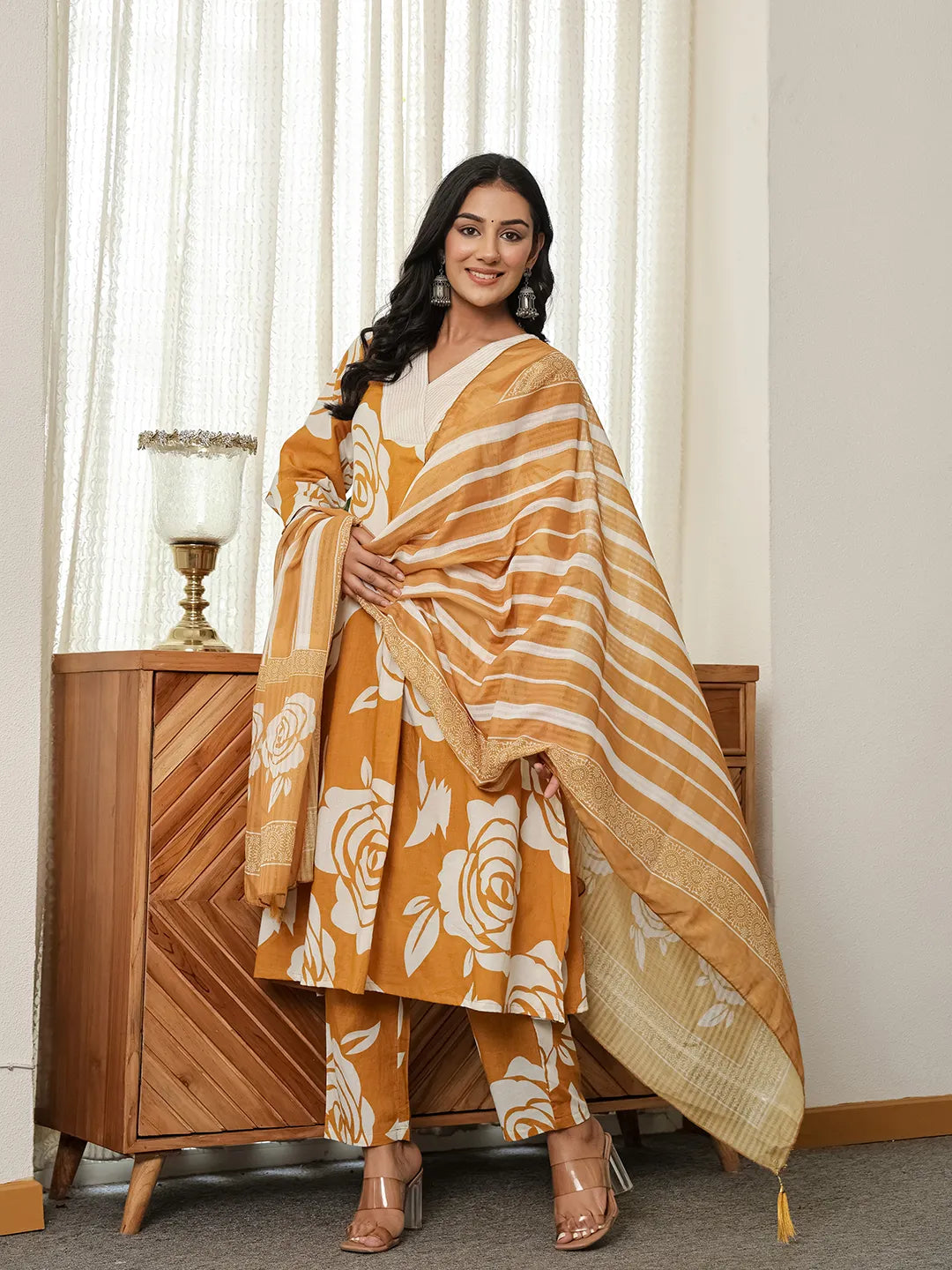 Mustard Yellow Floral A-Line Kurta Trouser Dupatta Set-Yufta Store-6048SKDMSM