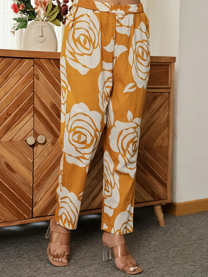 Mustard Yellow Floral A-Line Kurta Trouser Dupatta Set-Yufta Store-6048SKDMSM