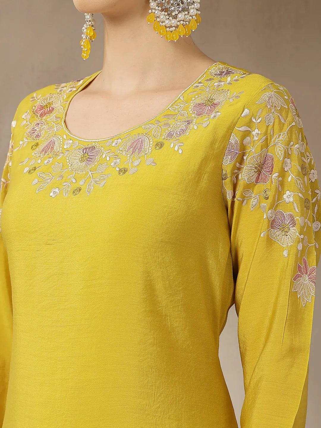 Mustard Yellow Mul Chanderi Silk Embroidery A-Line Kurta Trouser Dupatta Set