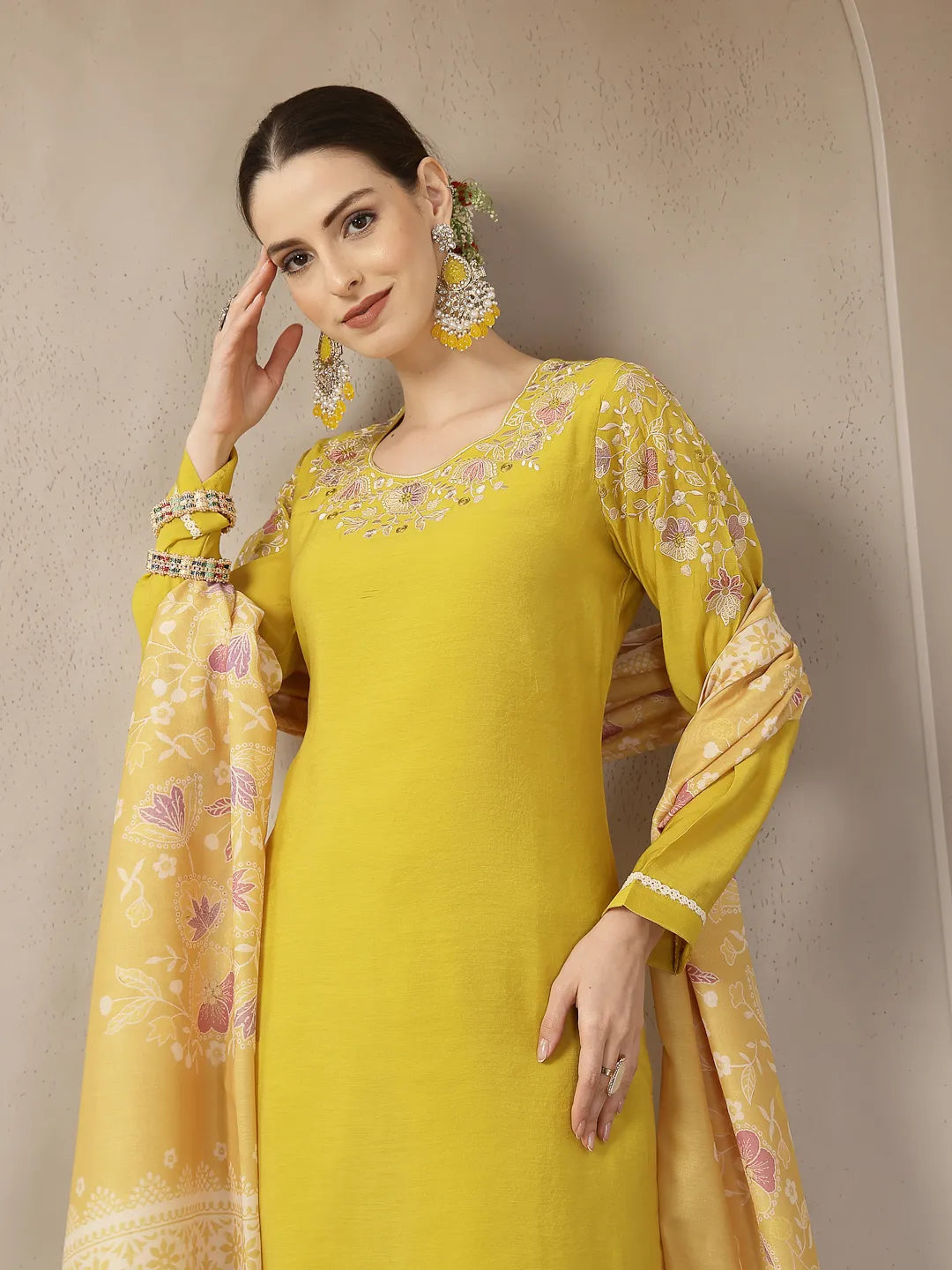 Mustard Yellow Mul Chanderi Silk Embroidery A-Line Kurta Trouser Dupatta Set