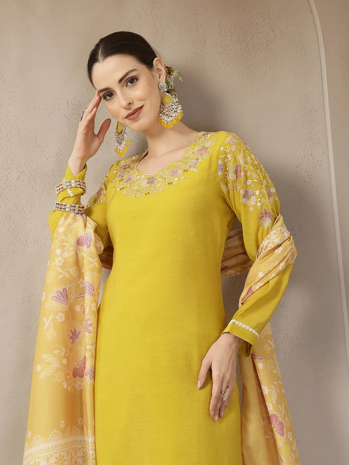 Mustard Yellow Mul Chanderi Silk Embroidery A-Line Kurta Trouser Dupatta Set