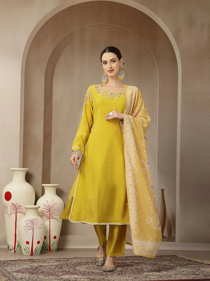 Mustard Yellow Mul Chanderi Silk Embroidery A-Line Kurta Trouser Dupatta Set