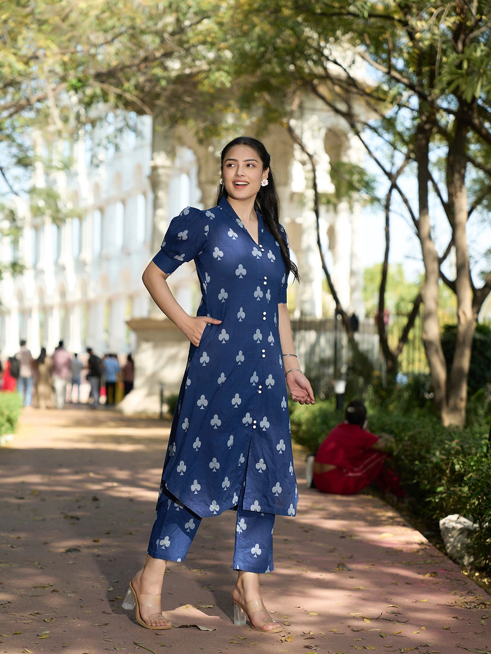 Navy Blue A-Line One Pocket Kurta Trouser Set-Yufta Store-7503SETNBM