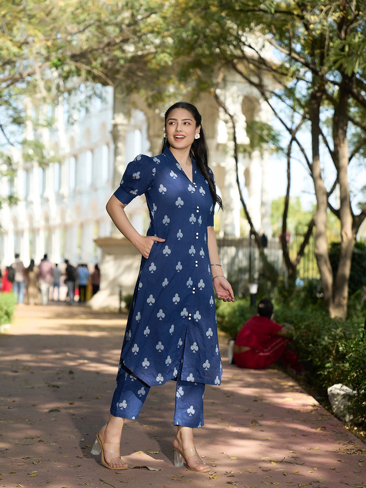 Navy Blue A-Line One Pocket Kurta Trouser Set-Yufta Store-7503SETNBM