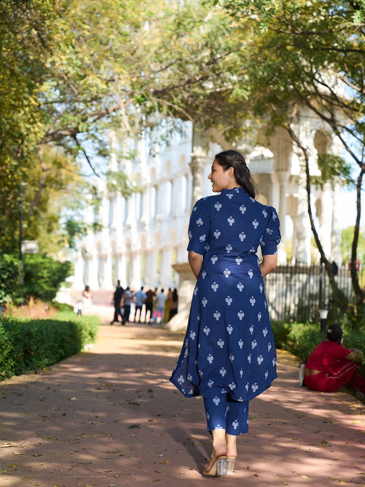 Navy Blue A-Line One Pocket Kurta Trouser Set-Yufta Store-7503SETNBM