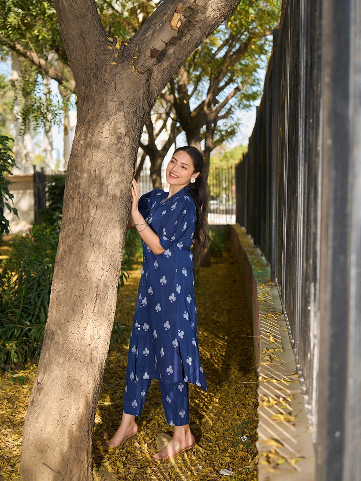 Navy Blue A-Line One Pocket Kurta Trouser Set-Yufta Store-7503SETNBM
