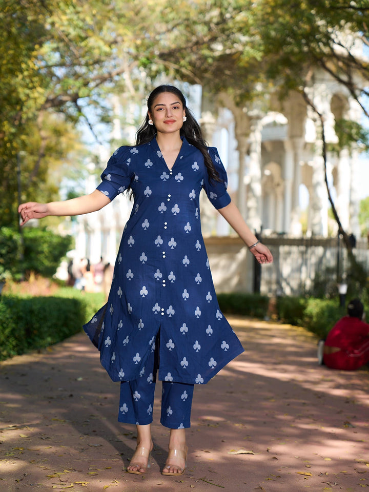 Navy Blue A-Line One Pocket Kurta Trouser Set-Yufta Store-7503SETNBM