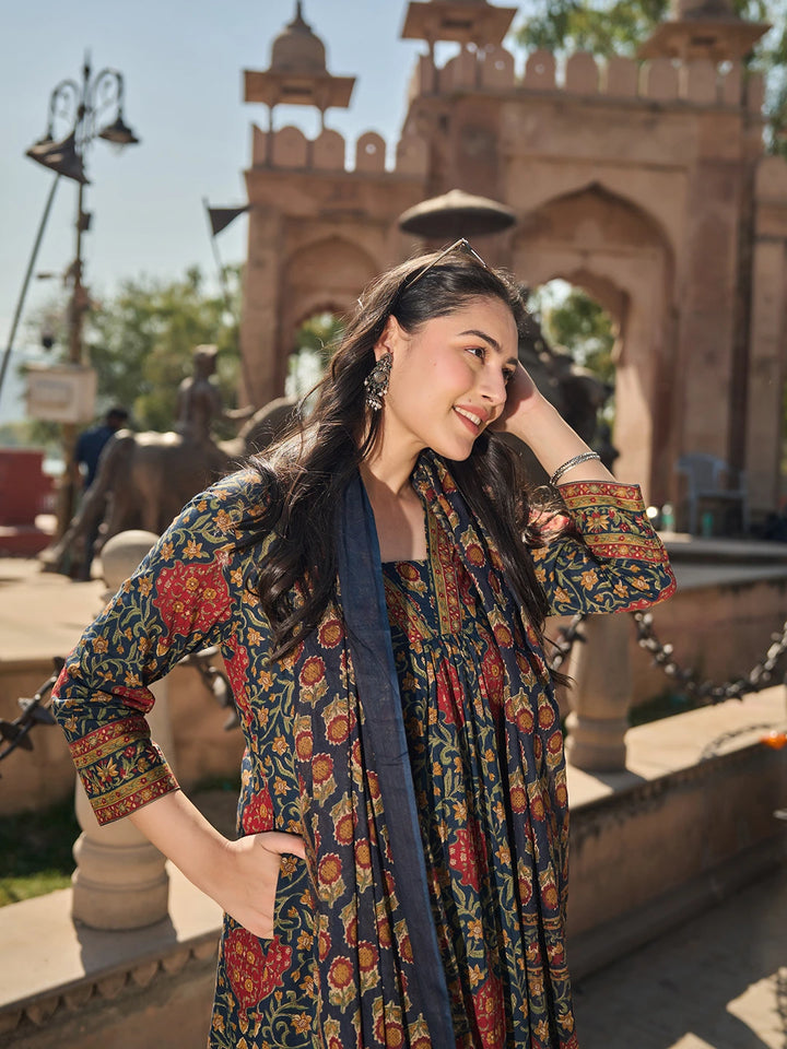 Navy Blue Anarkli One Pocket Kurta Trouser Dupatta Set-Yufta Store-7691SKDNBM