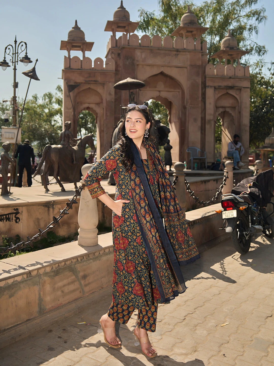 Navy Blue Anarkli One Pocket Kurta Trouser Dupatta Set-Yufta Store-7691SKDNBM