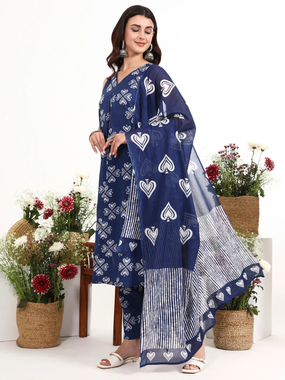 Navy Blue Cotton A-Line Kurta Pant Dupatta Set-Yufta Store-7532SKDNBS