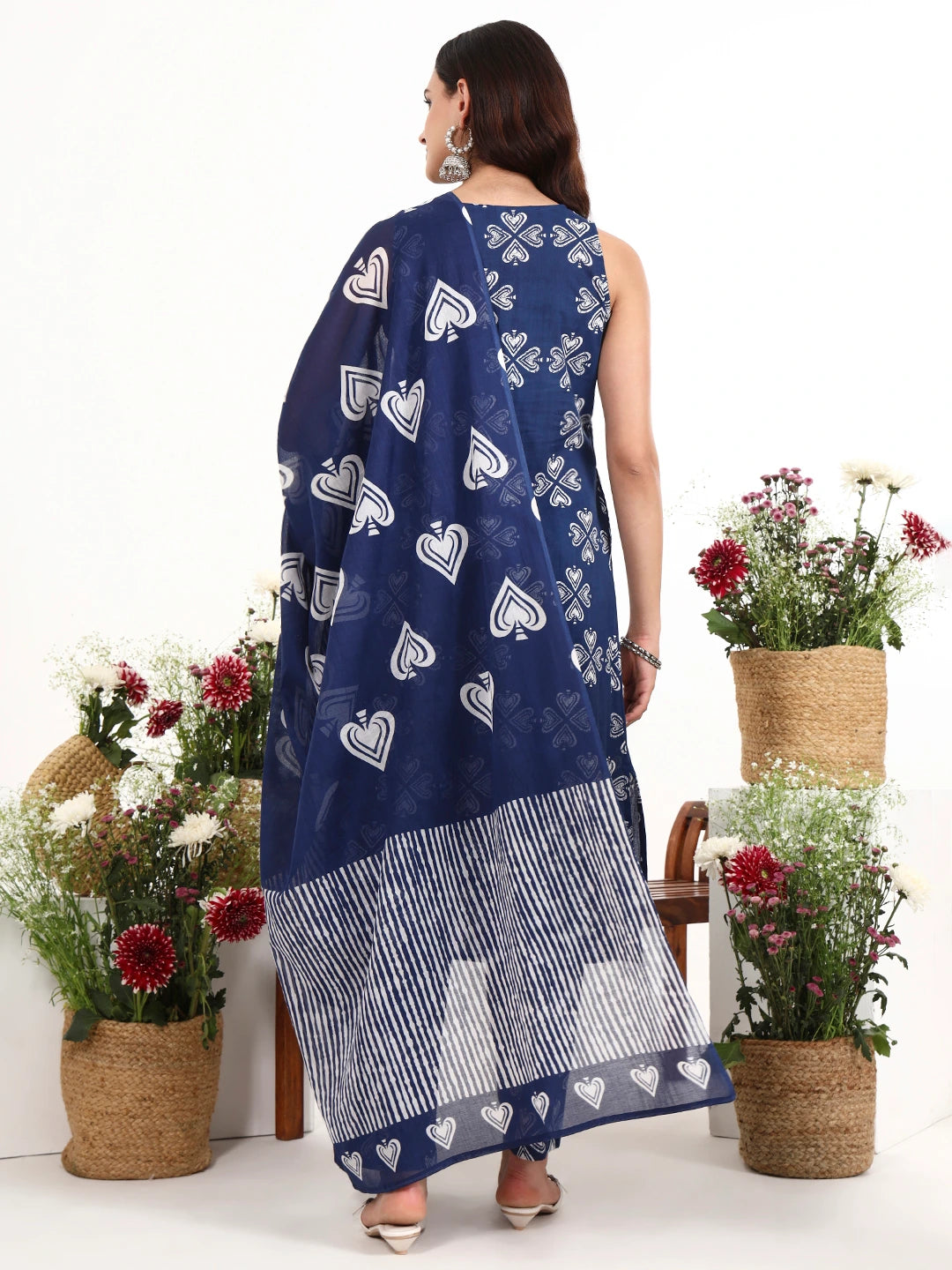 Navy Blue Cotton A-Line Kurta Pant Dupatta Set-Yufta Store-7532SKDNBS