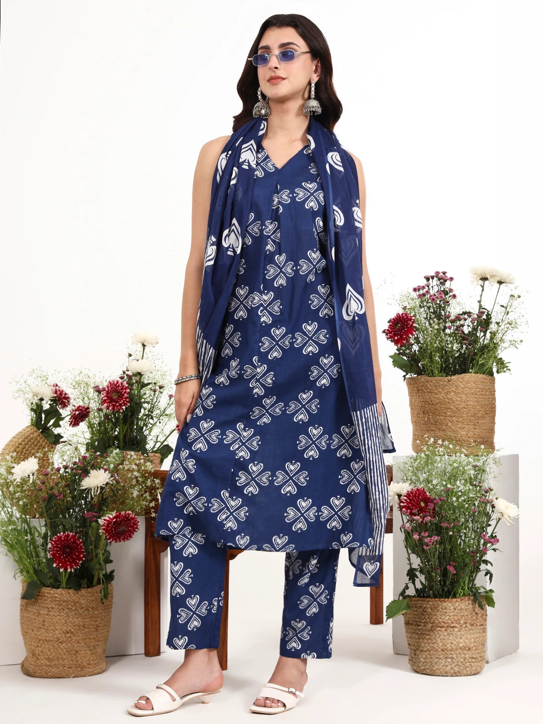 Navy Blue Cotton A-Line Kurta Pant Dupatta Set-Yufta Store-7532SKDNBS