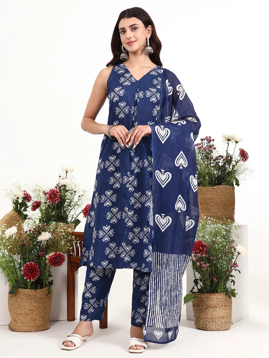 Navy Blue Cotton A-Line Kurta Pant Dupatta Set-Yufta Store-7532SKDNBS
