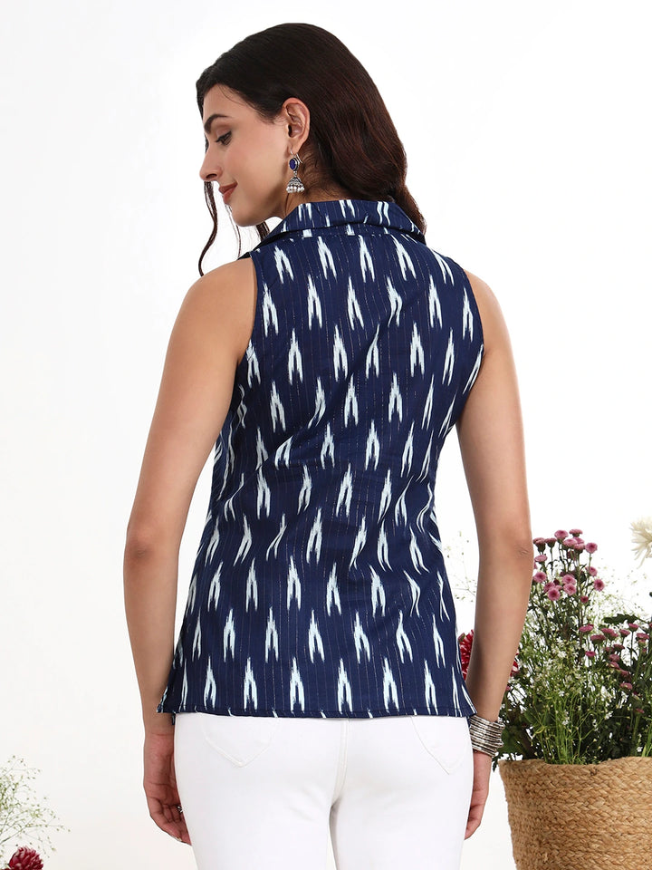 Navy Blue Cotton Straight Coat Collar Top-Yufta Store-7545TOPNBS