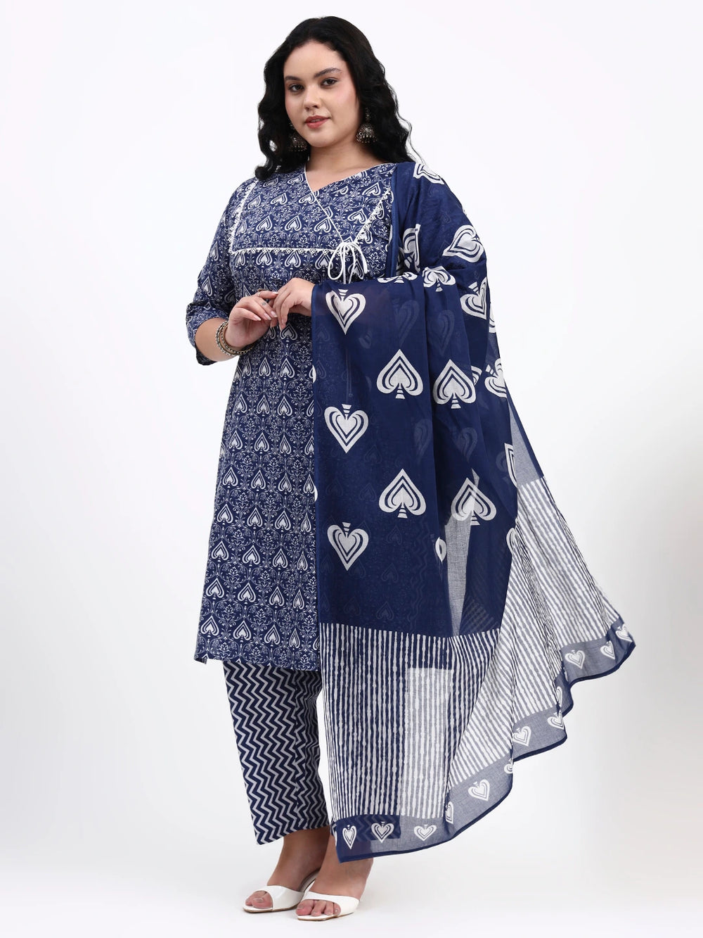 Navy Blue Cotton Straight Kurta Pant Dupatta Set-Yufta Store-7544PSKDNB3XL