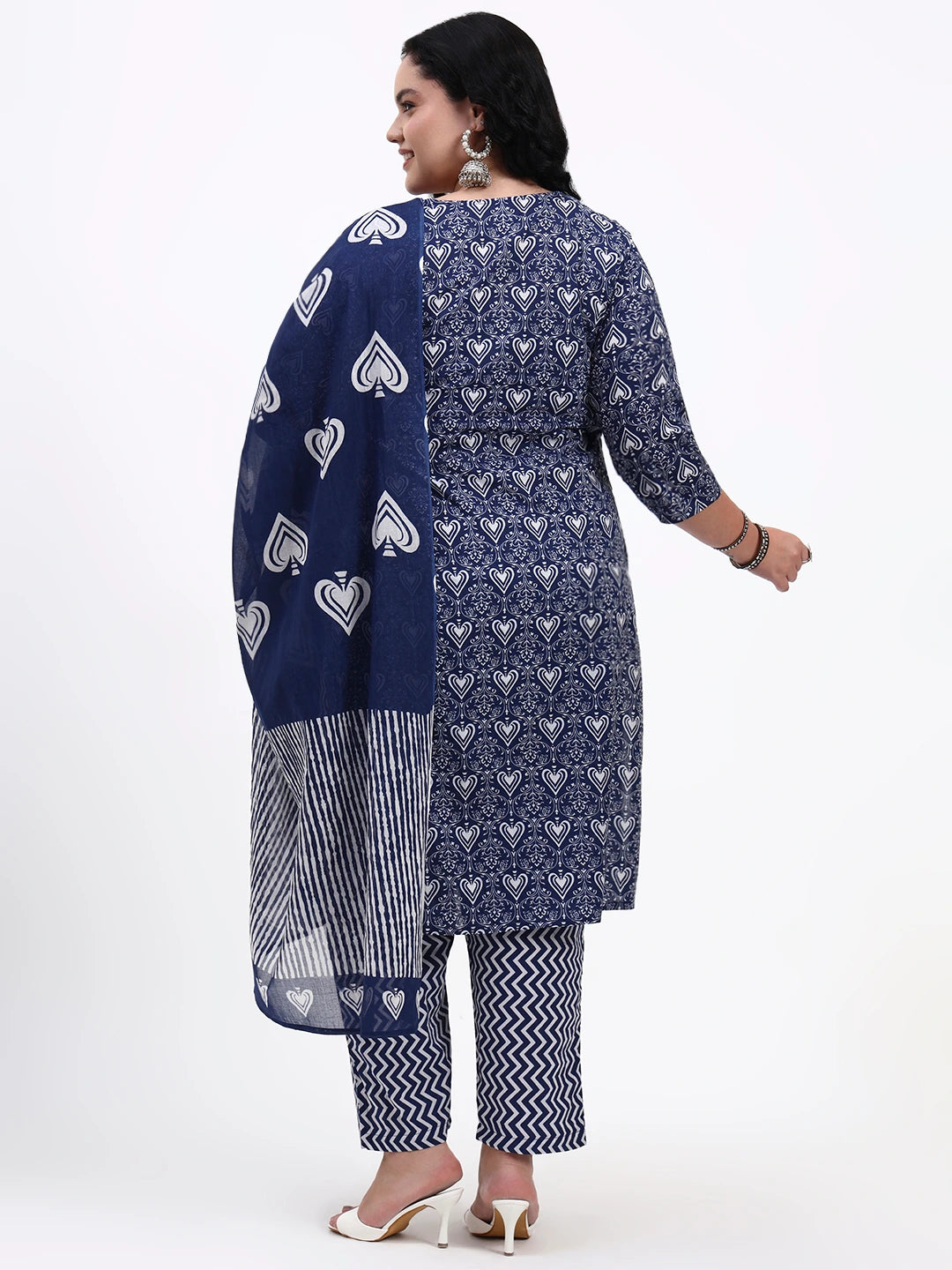 Navy Blue Cotton Straight Kurta Pant Dupatta Set-Yufta Store-7544PSKDNB3XL