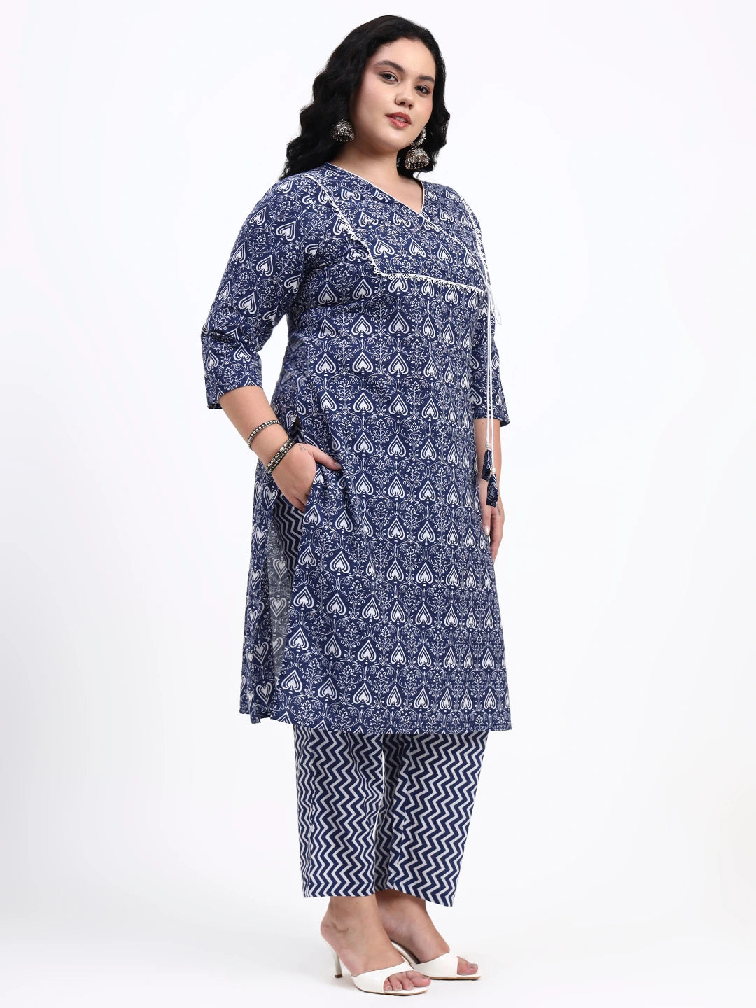 Navy Blue Cotton Straight Kurta Pant Dupatta Set-Yufta Store-7544PSKDNB3XL
