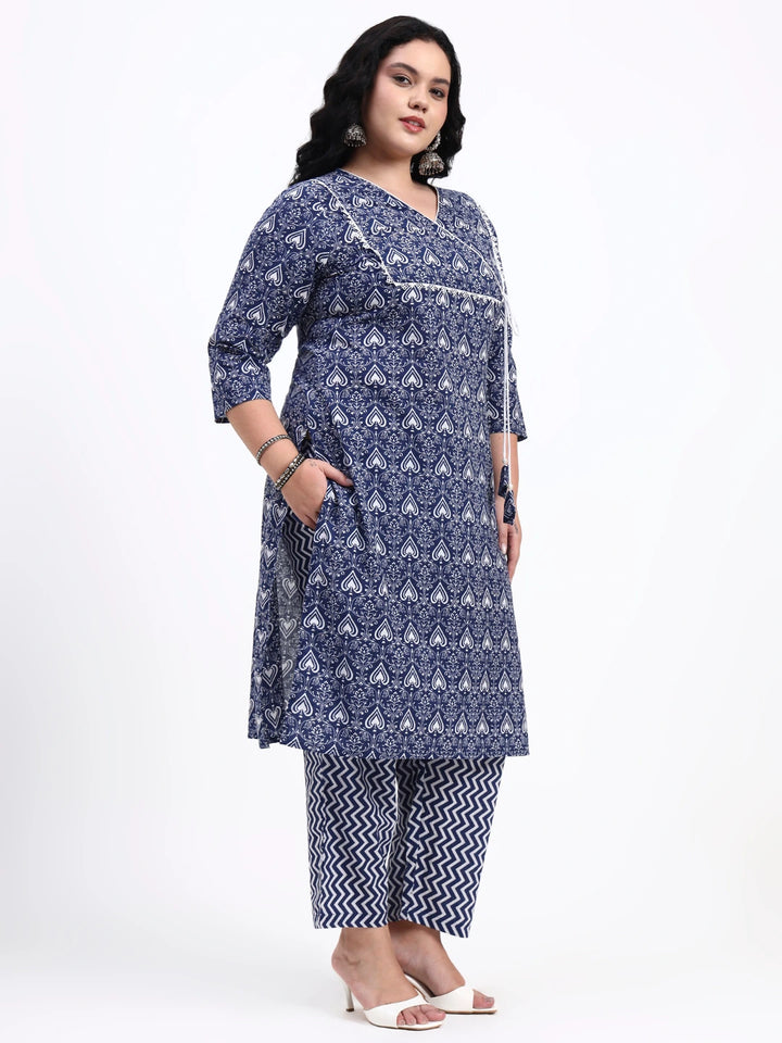 Navy Blue Cotton Straight Kurta Pant Dupatta Set-Yufta Store-7544PSKDNB3XL