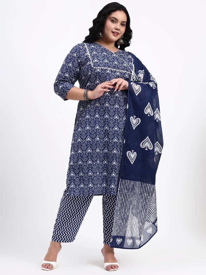 Navy Blue Cotton Straight Kurta Pant Dupatta Set-Yufta Store-7544PSKDNB3XL