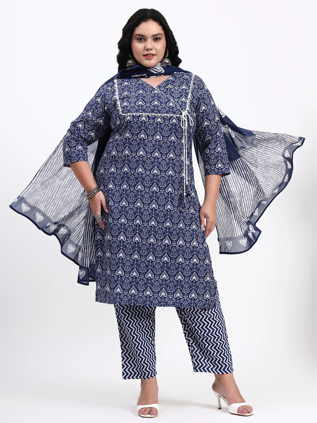 Navy Blue Cotton Straight Kurta Pant Dupatta Set-Yufta Store-7544PSKDNB3XL