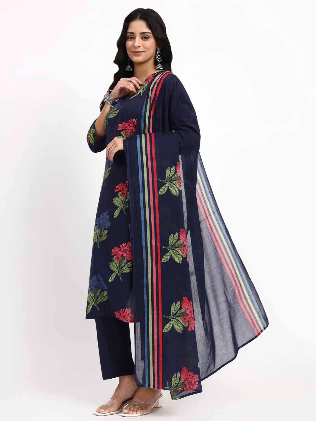 Navy Blue Cotton Straight Kurta Pant Dupatta Set