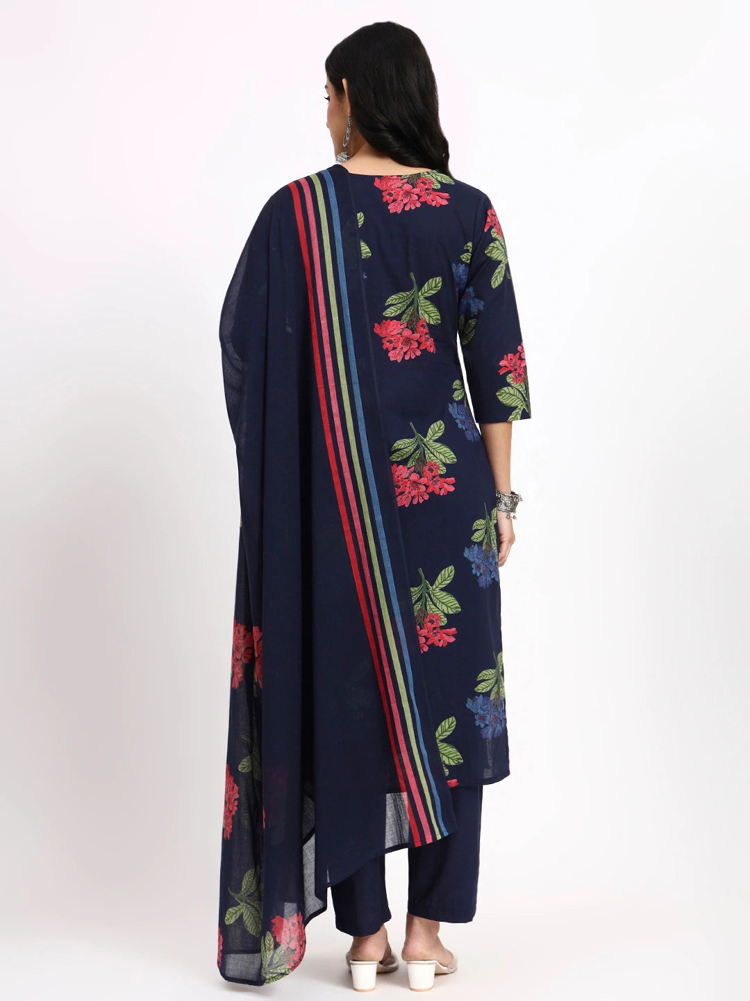 Navy Blue Cotton Straight Kurta Pant Dupatta Set
