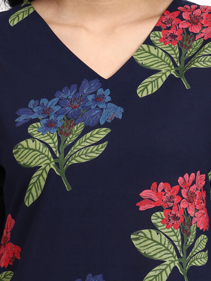 Navy Blue Cotton Straight Kurta Pant Dupatta Set