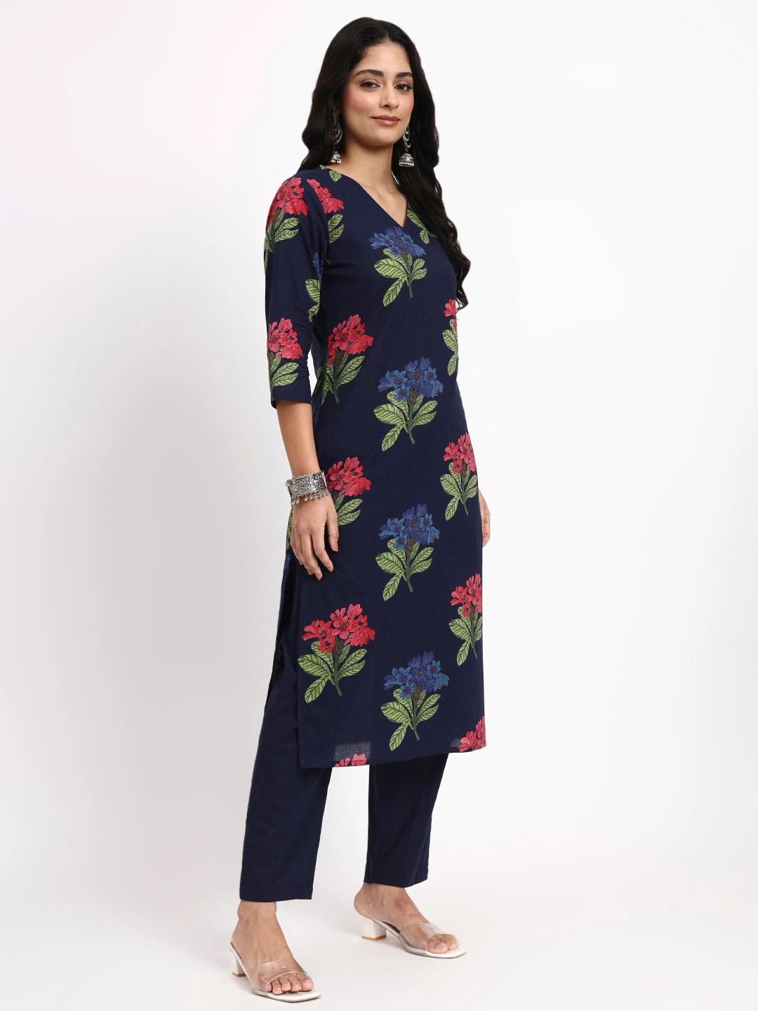 Navy Blue Cotton Straight Kurta Pant Dupatta Set