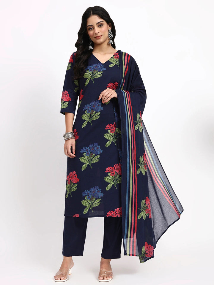 Navy Blue Cotton Straight Kurta Pant Dupatta Set