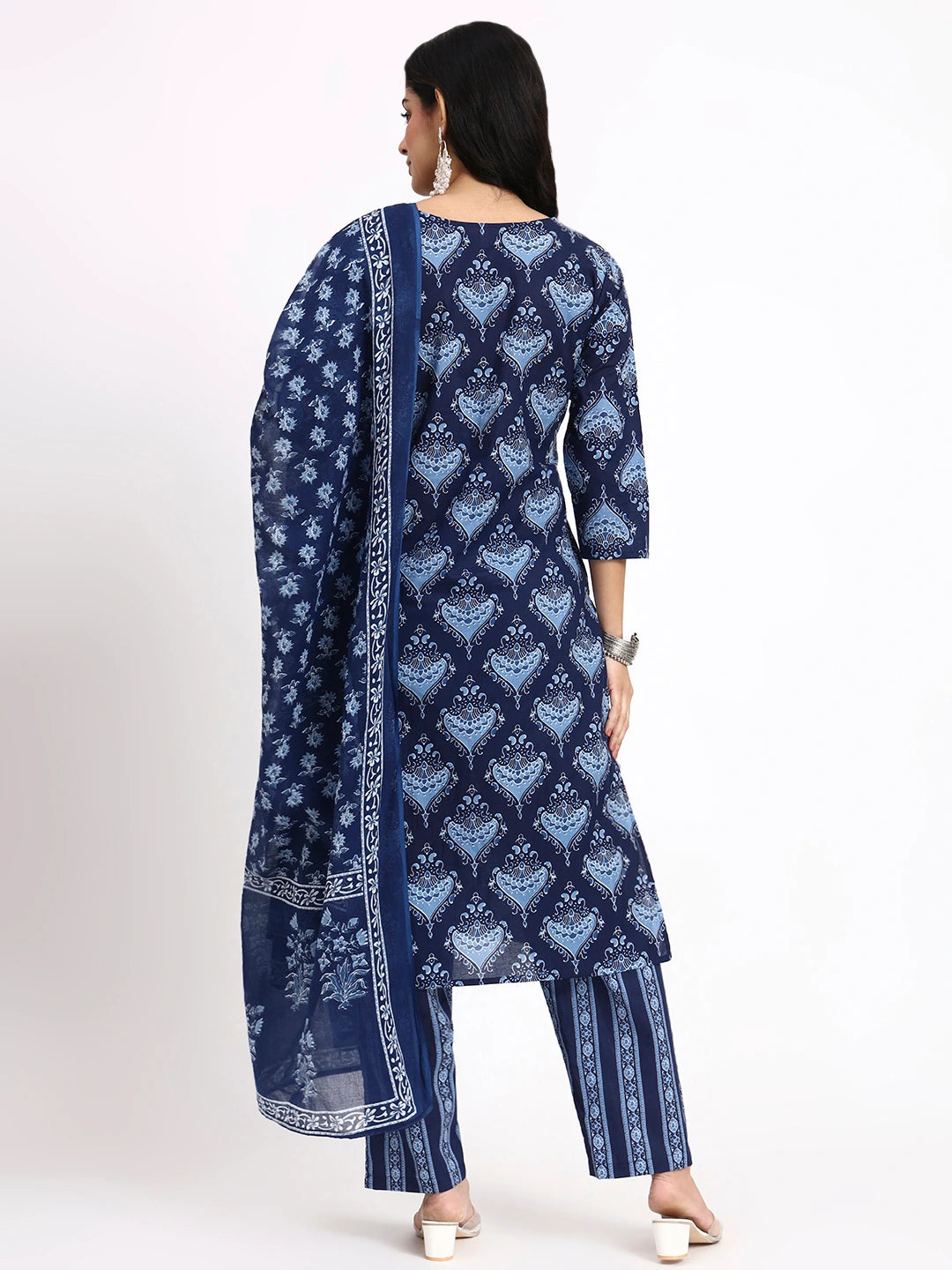 Navy Blue Cotton Straight Kurta Pant Dupatta Set