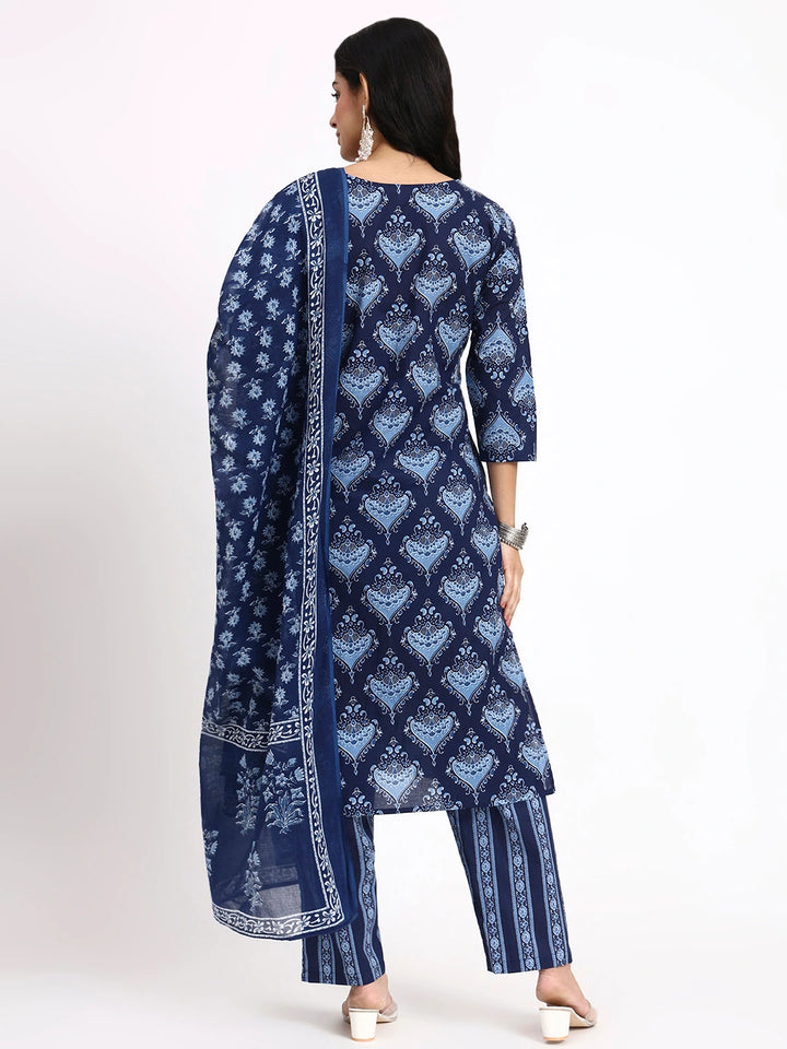 Navy Blue Cotton Straight Kurta Pant Dupatta Set