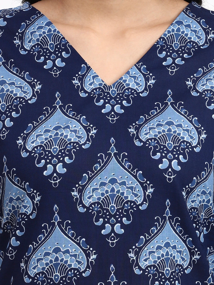 Navy Blue Cotton Straight Kurta Pant Dupatta Set