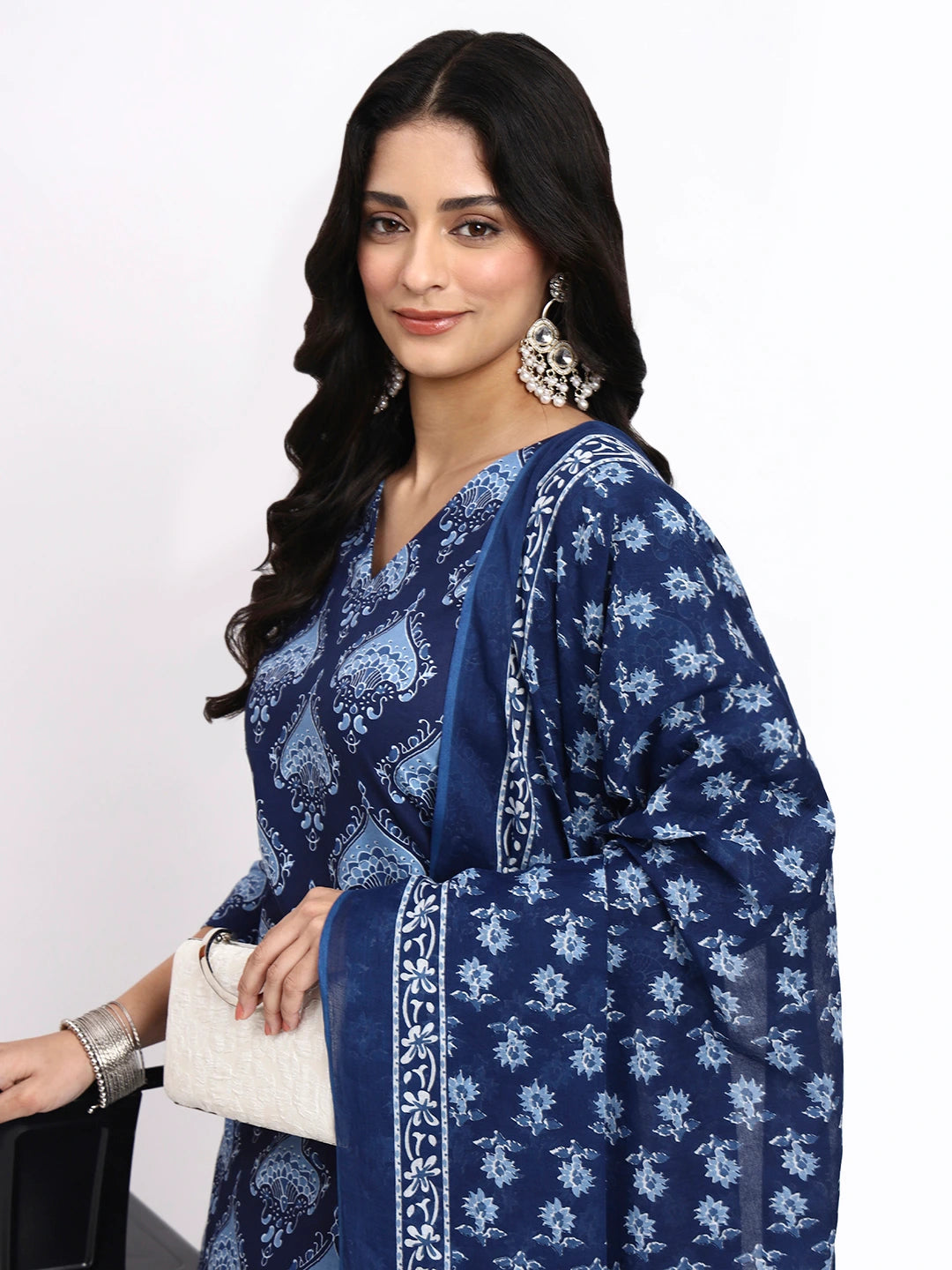 Navy Blue Cotton Straight Kurta Pant Dupatta Set