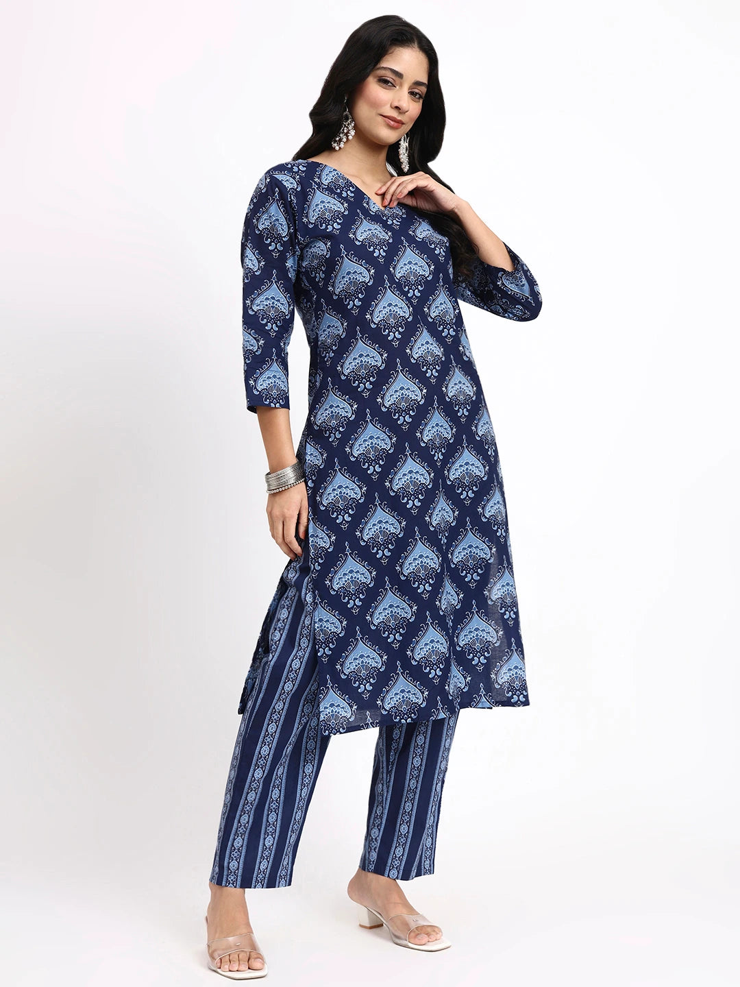Navy Blue Cotton Straight Kurta Pant Dupatta Set