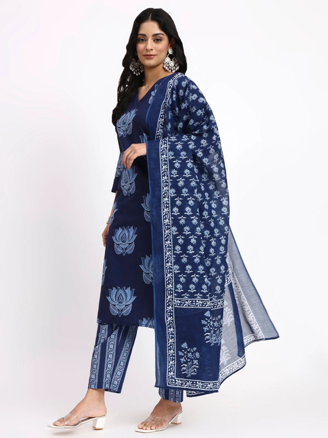 Navy Blue Cotton Straight Kurta Pant Dupatta Set
